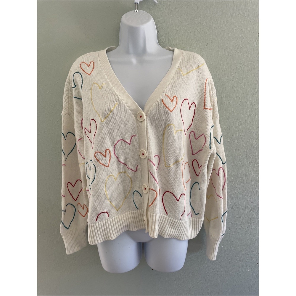 Kerri Rosenthal Heart Pattern Button Front V-Neck Cardigan Sweater Sm White